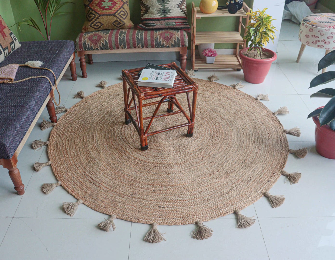 Hand Braided Natural Round Jute Rug with Fringes Floor Decor Rug 