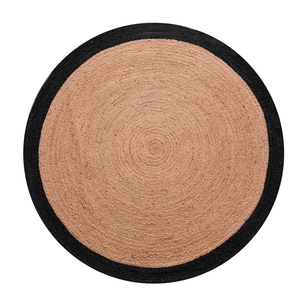 Traditional Indian Hand Braided Bohemian Round Jute Rug Beige with Multicolor Border 