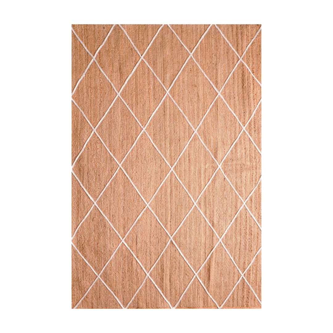 Hand Braided Rectangle Jute Rug Beige with White Diamond Pattern 