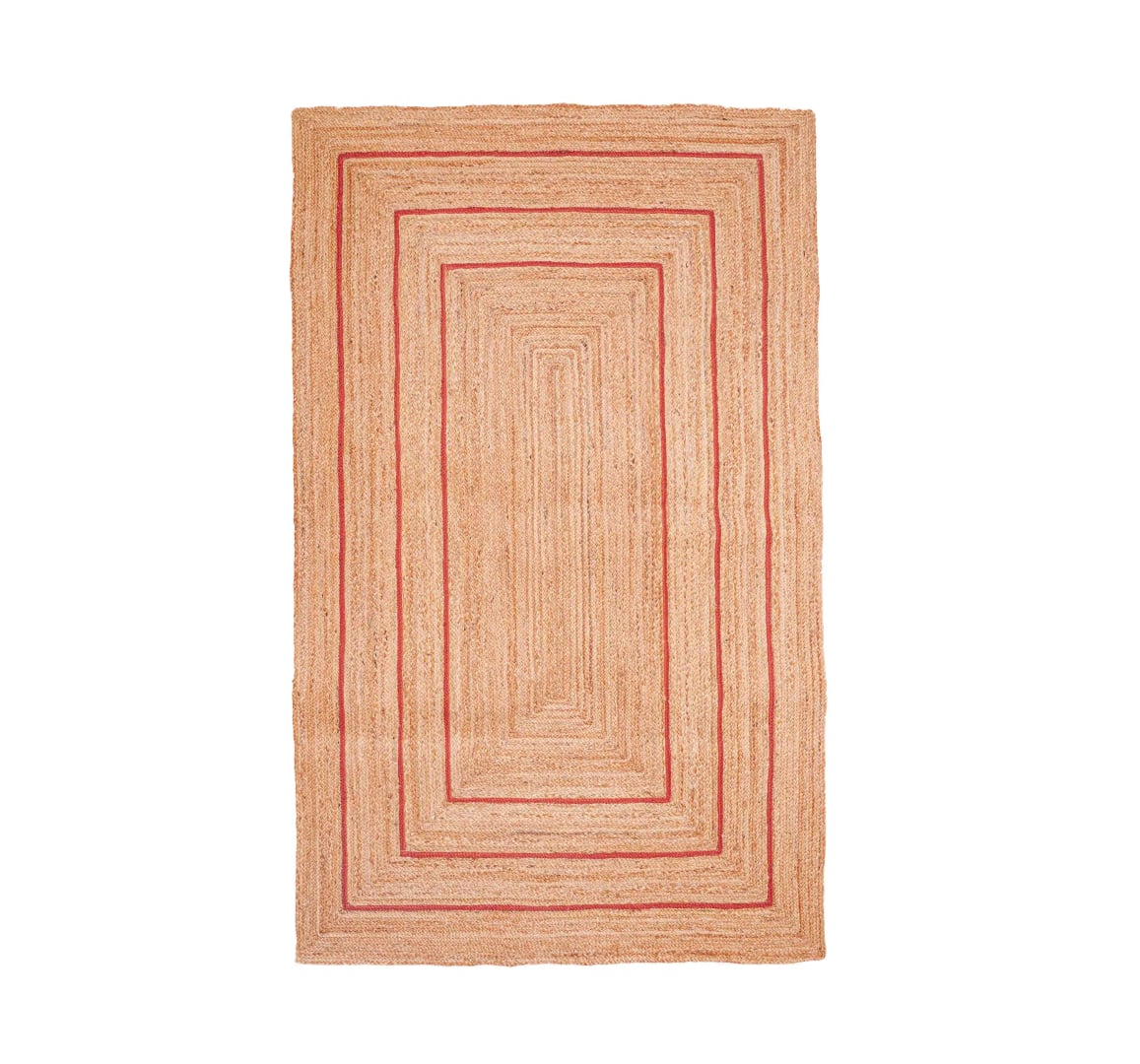 Hand Braided Rectangle Jute Rug Beige With Triple Line Red Border