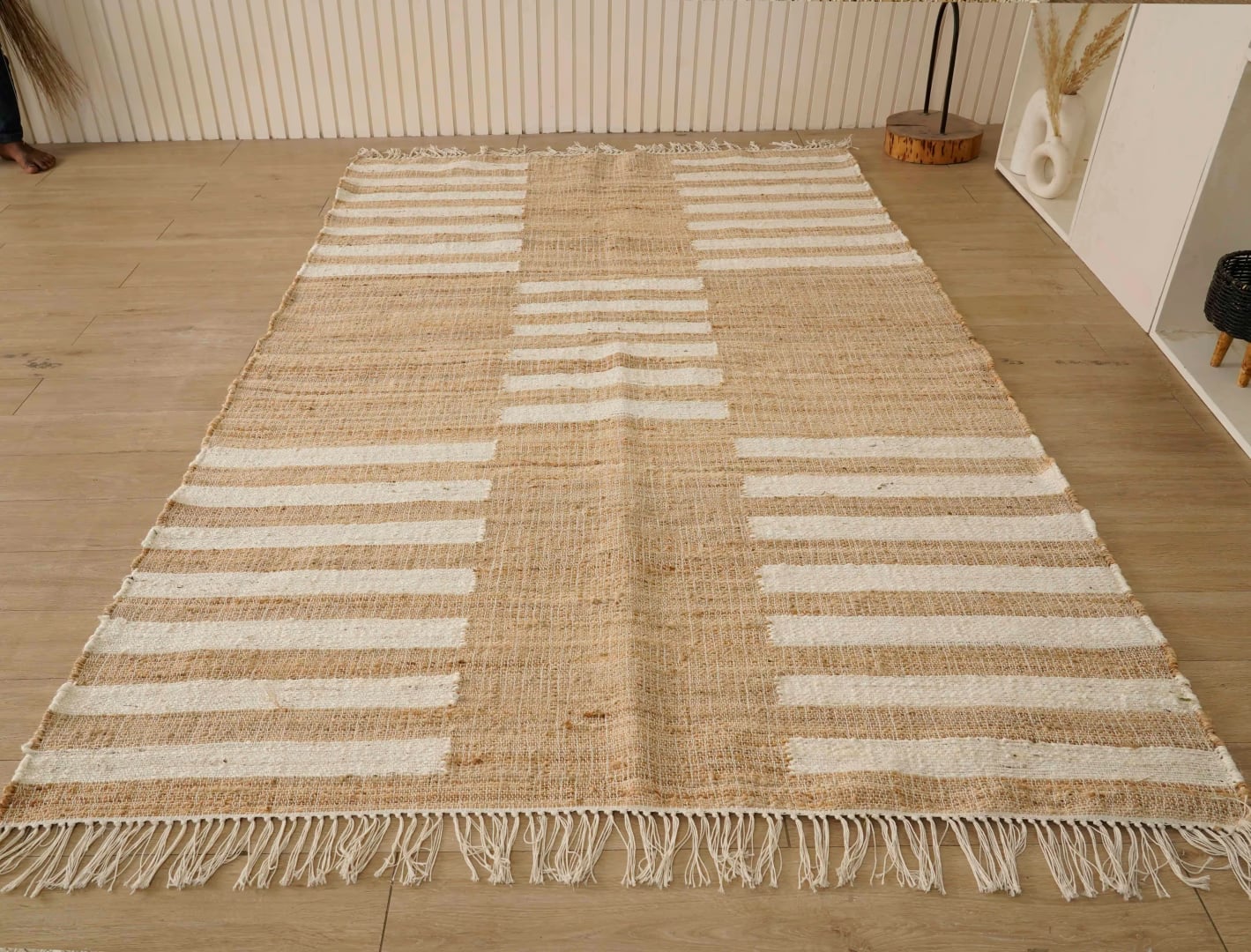 Beige With White Stripes Design Bohemian Boho Moroccan Rug Fringes Jute Rug Hand Woven Bohemian Decor Rug