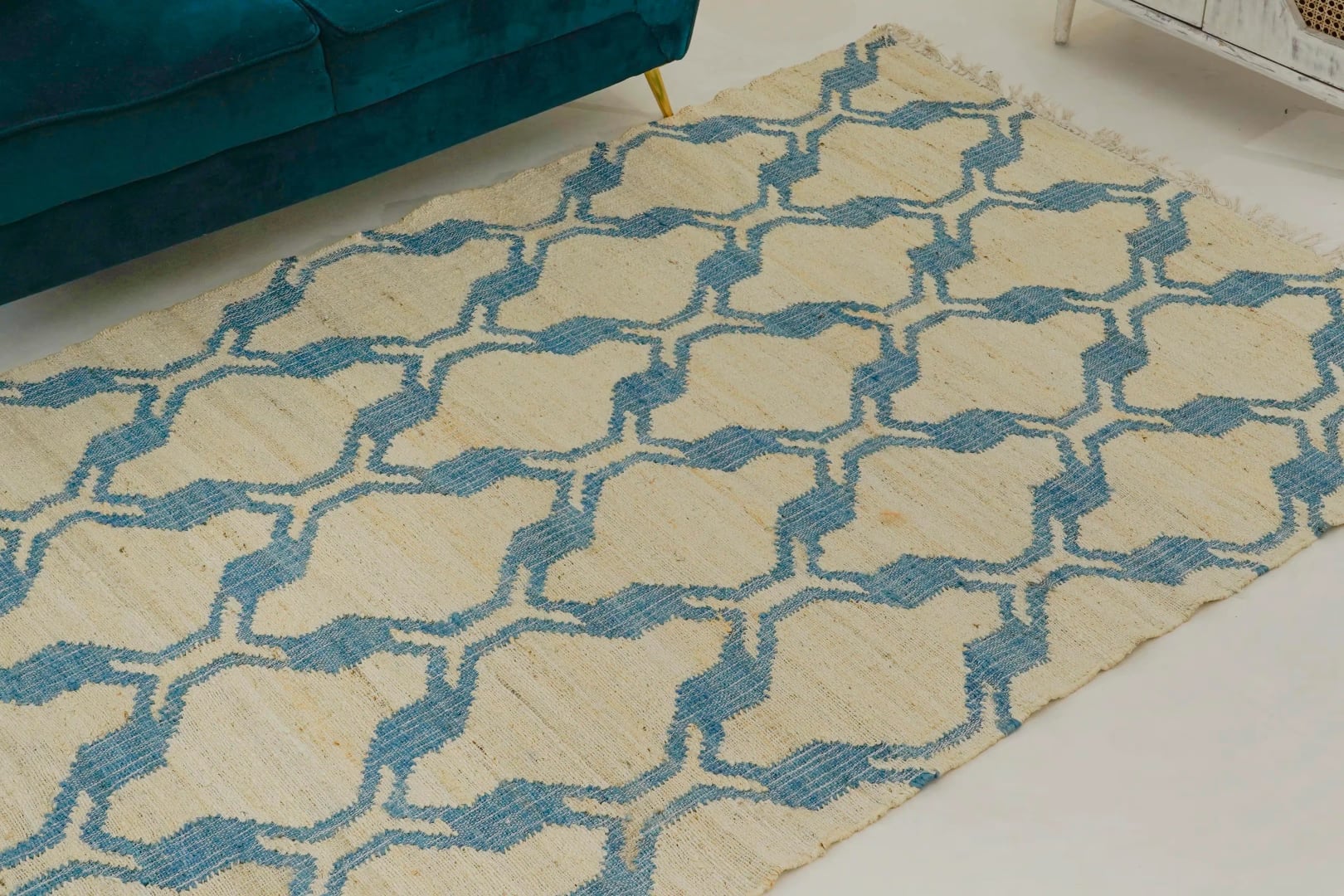 Ivory Blue Scandinavian Design High Quality Hand Woven Flatweave Kilim Modern Boho Geometric Rug For Decor Home Rug