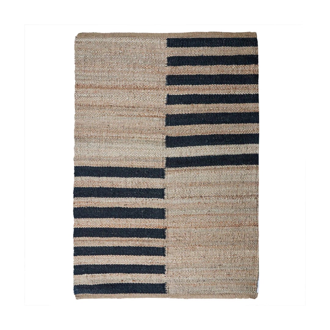 Indian Handwoven Stair Beige Rectangle Jute Rug With Black Strips Hemp Lines Rug For Living Decor Jute Area Rug Large Area Jute Rug Entryway Hemp Dhurrie Rug 