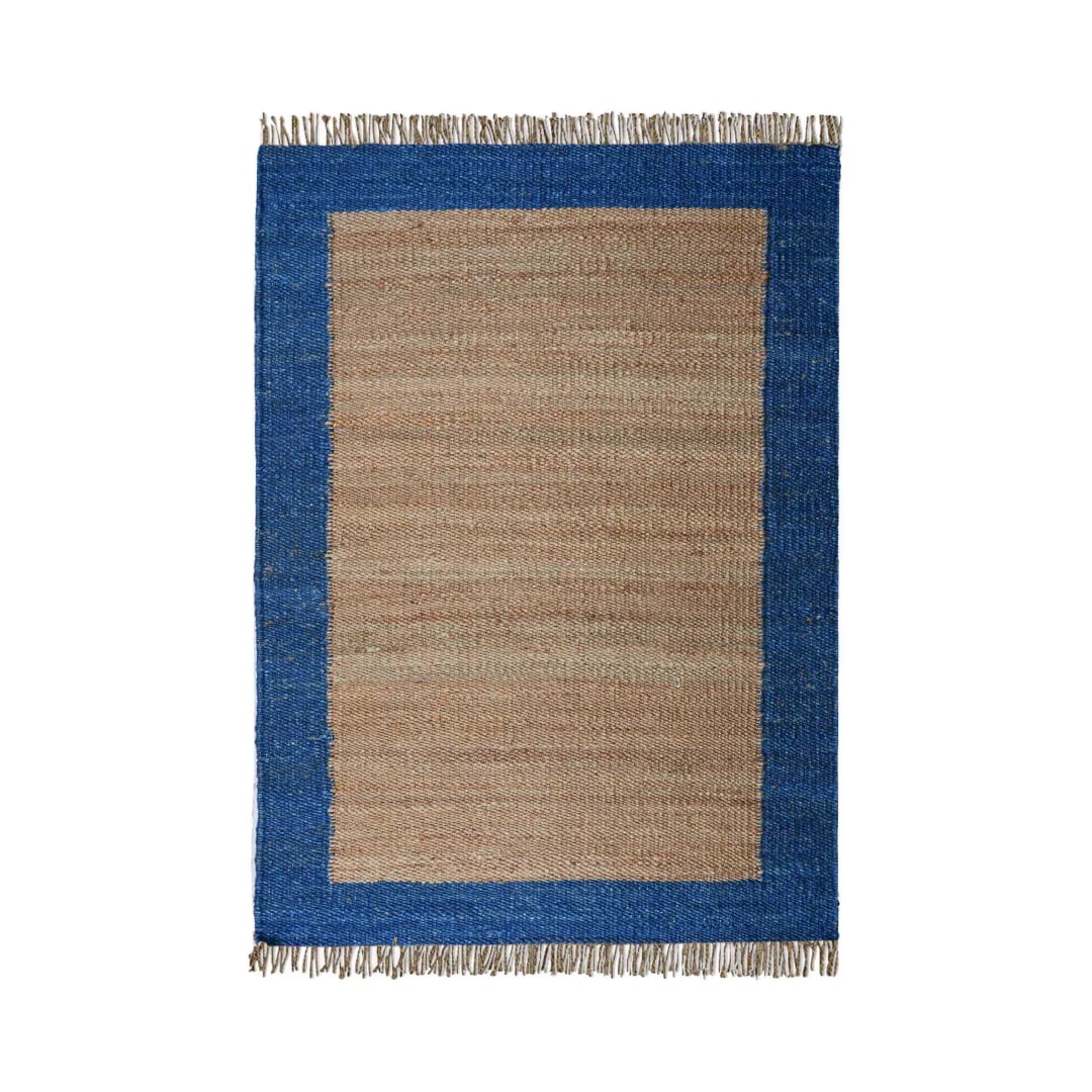 Indian Handwoven Natural Hemp Jute Rug With Blue Border Design Rug For Decorative Home And Dining Table Large Dhurrie Rug Fringes Jute Rug Vintage Jute Rug 