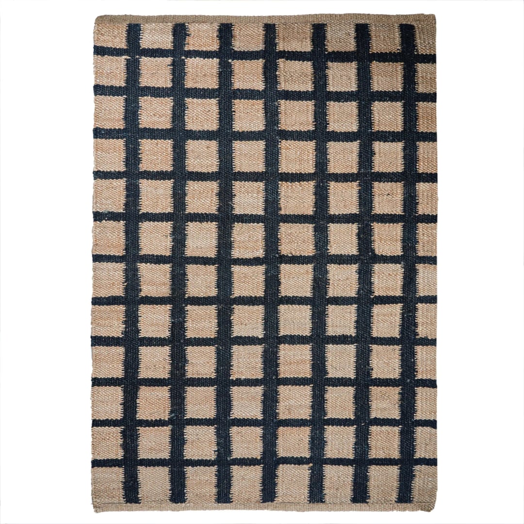 Handmade Hemp Rectangle Beige With Black Boxes Design Hemp Large Area Rug Vintage Jute Rug Traditional Dhurrie Rug Living Dining Table And Kitchen Decor Rug 