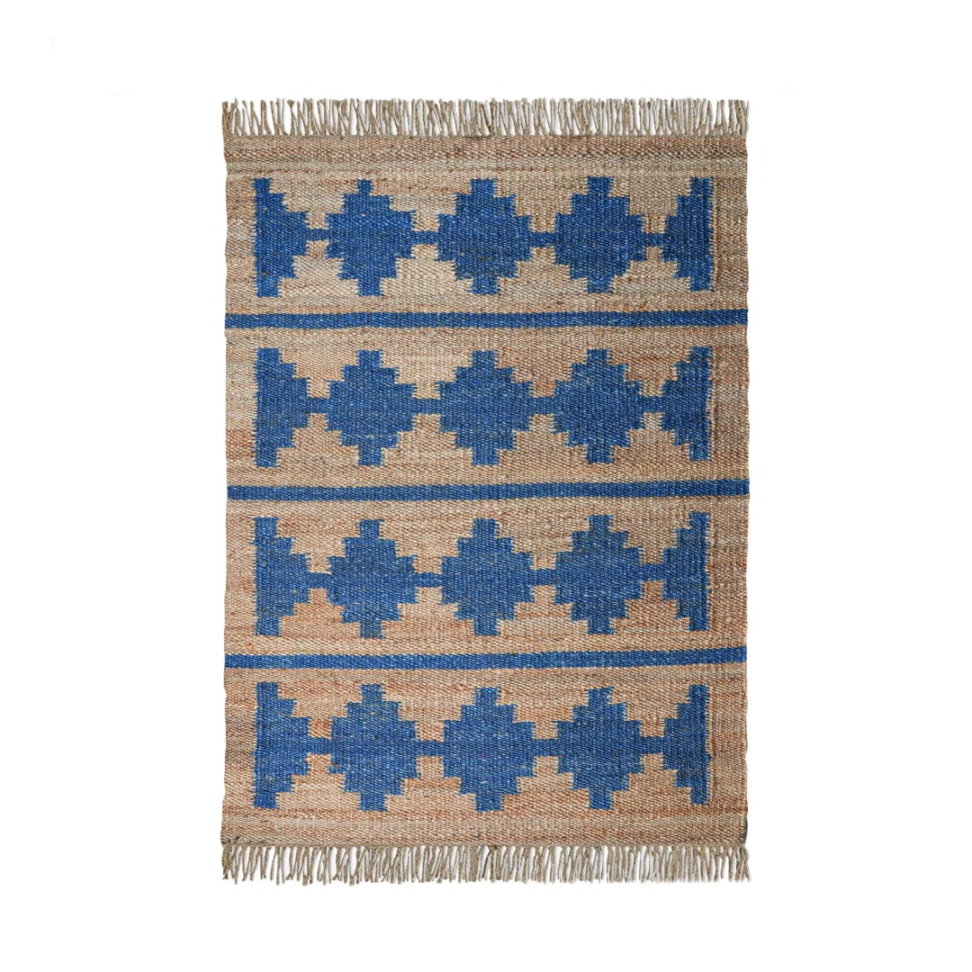 Handmade Beige Hemp Jute Rug With Blue Design Hemp Jute Rug with Fringes Jute Doormat Handmade Handwoven Area Rugs vintage area rug Home Decor Rug Vintage Large Area Rug