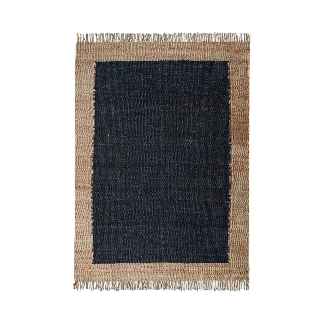 Black Rectangle Hemp Jute Rug Handwoven Large Area Rug Vintage Large Dhurrie Rug Natural Fringes Jute Rug Beige Border Jute Rug For Living Home Decorative Jute Rug  