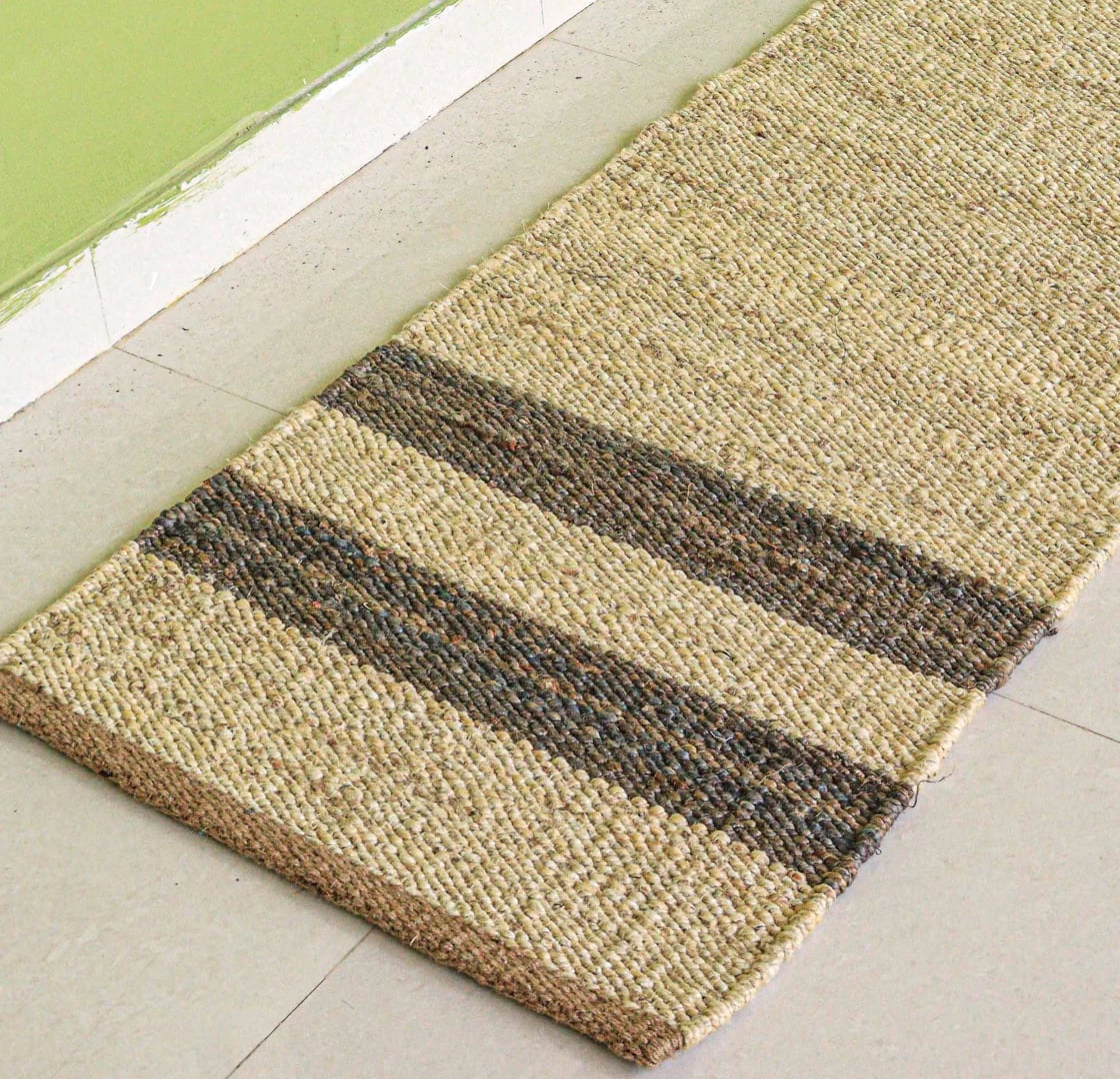 Vintage Area Rug Handwoven Home Decor Rug Entryway Jute Dhurrie Rug White Hemp Jute Rug With Brown Stripes Line Rug  Living Room Decor Rug