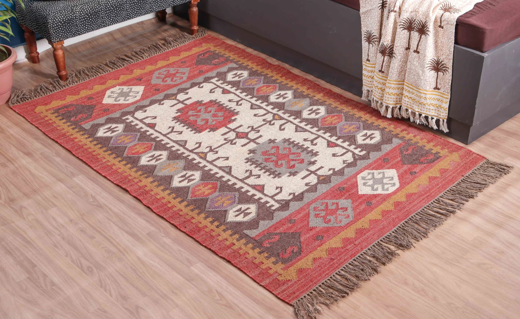 Multicolor Wool Jute Kilim Rug Handwoven Large Jute Dhurrie For Living Room And Kitchen Decor Rug 