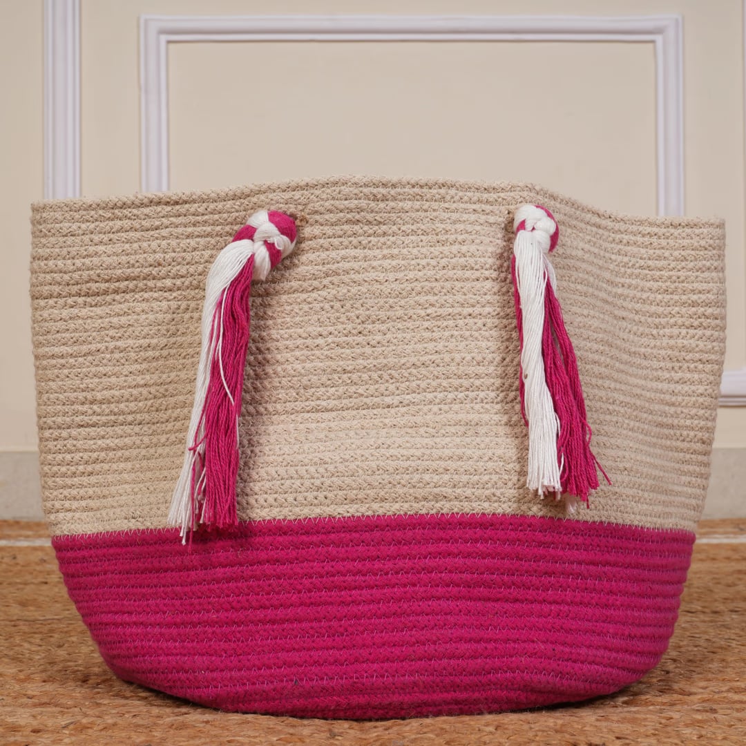 Chouhan Rugs Handcrafted Jute Braided Pink Tote Bag