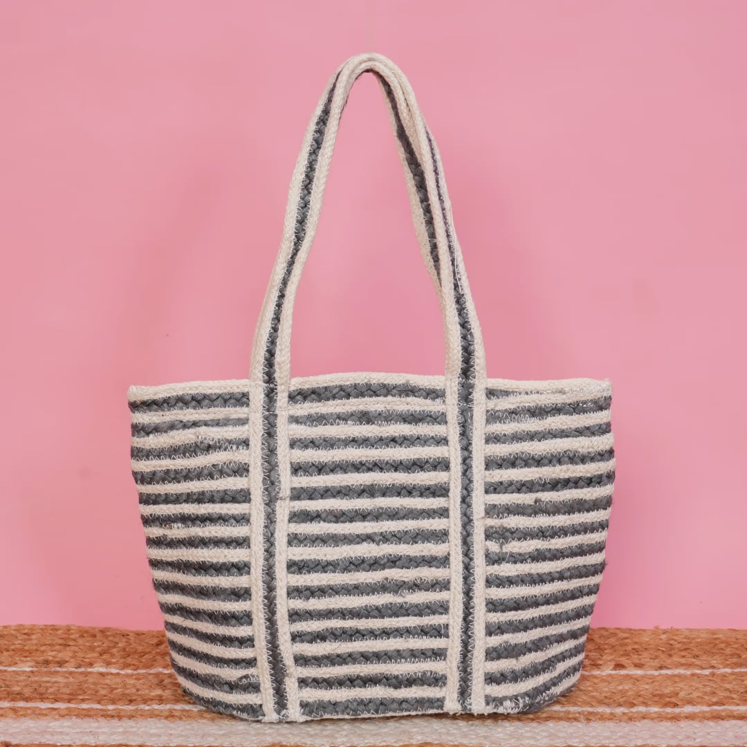 Chouhan Rugs Grey Ivory Striped Handwoven Tote Bag