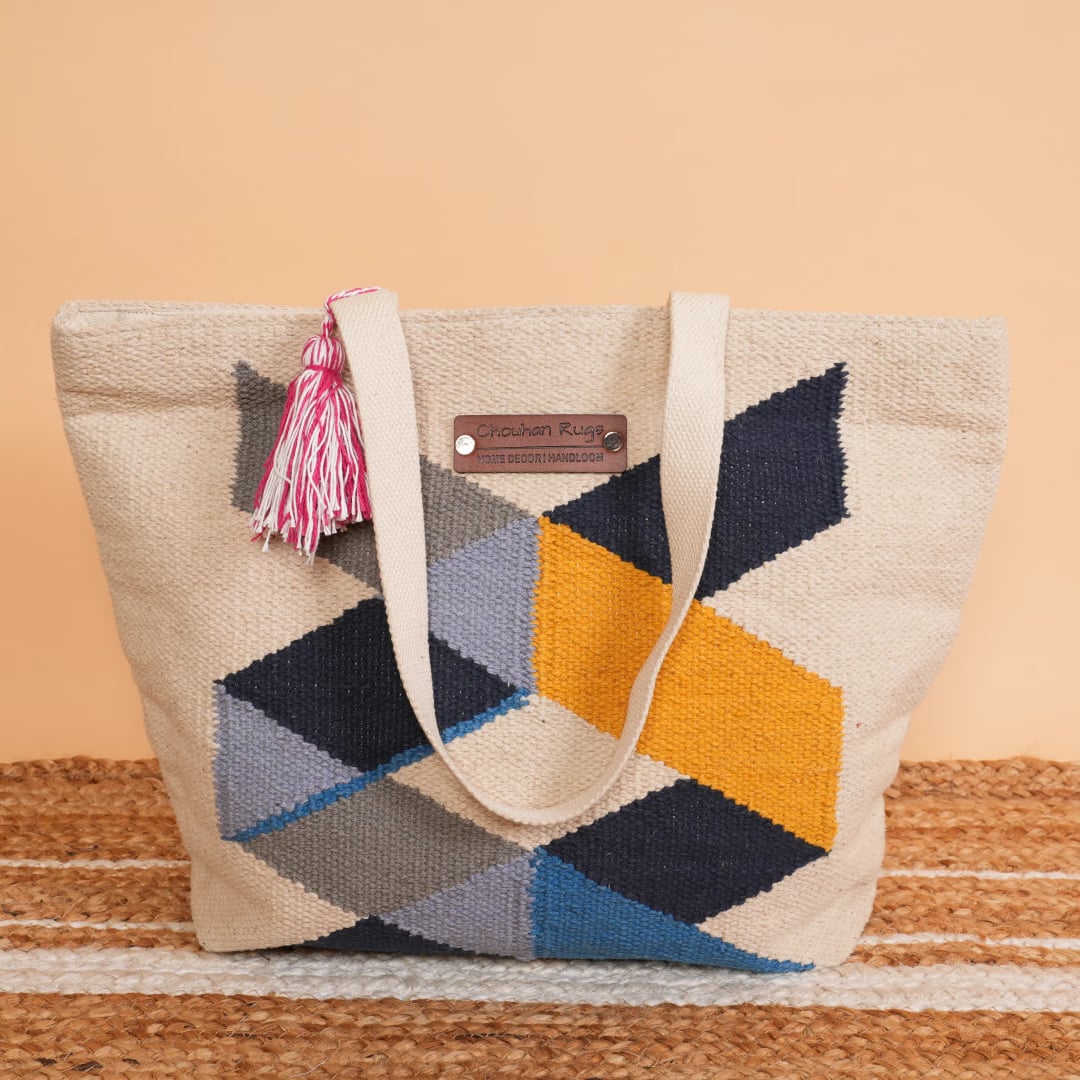 Handwoven Geometric Jute Tote Bag with Tassel
