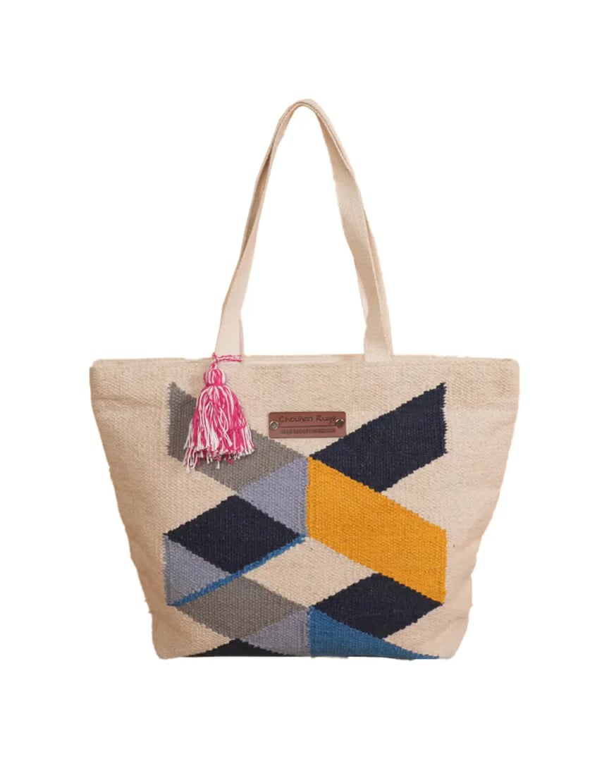 Handwoven Geometric Jute Tote Bag with Tassel