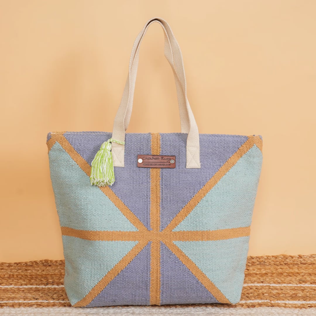 Handwoven Color Block Jute Tote Bag with Tassel