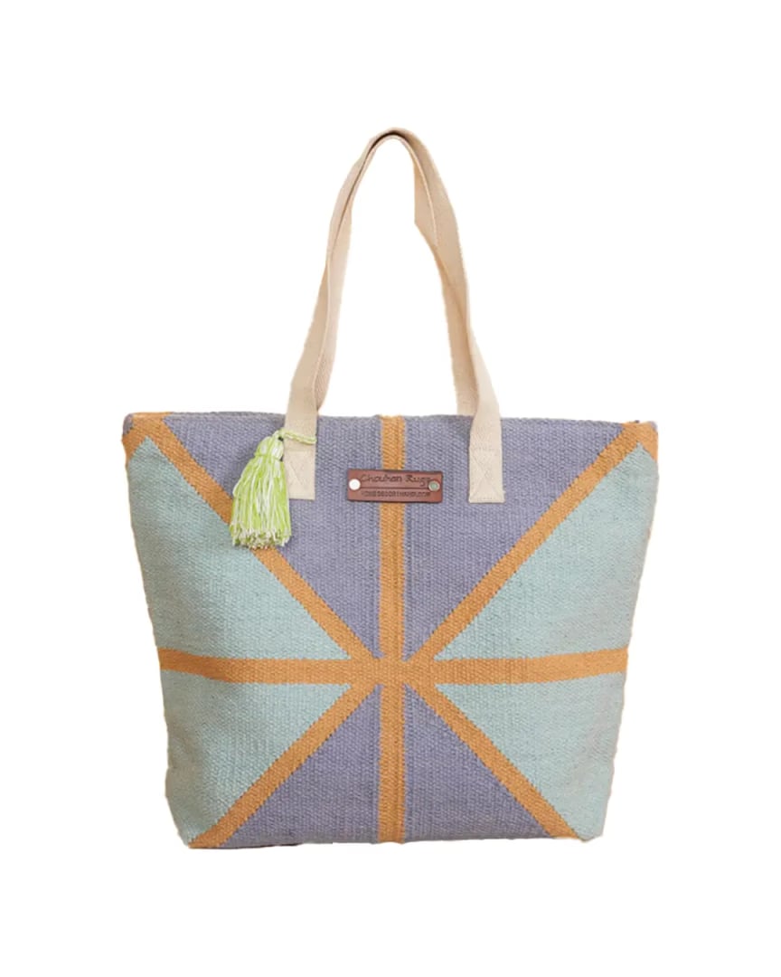 Handwoven Color Block Jute Tote Bag with Tassel