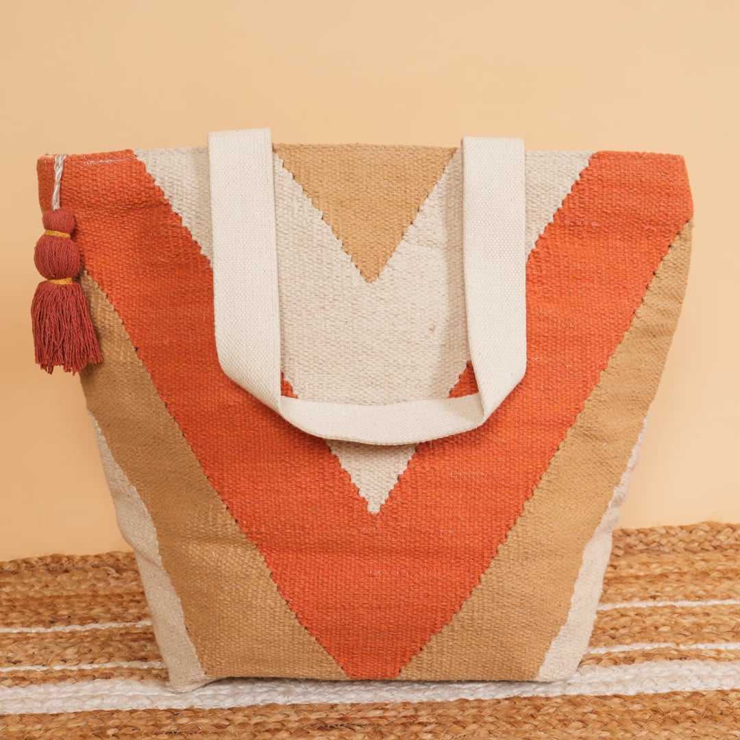 Handwoven Chevron Jute Tote Bag with Zipper