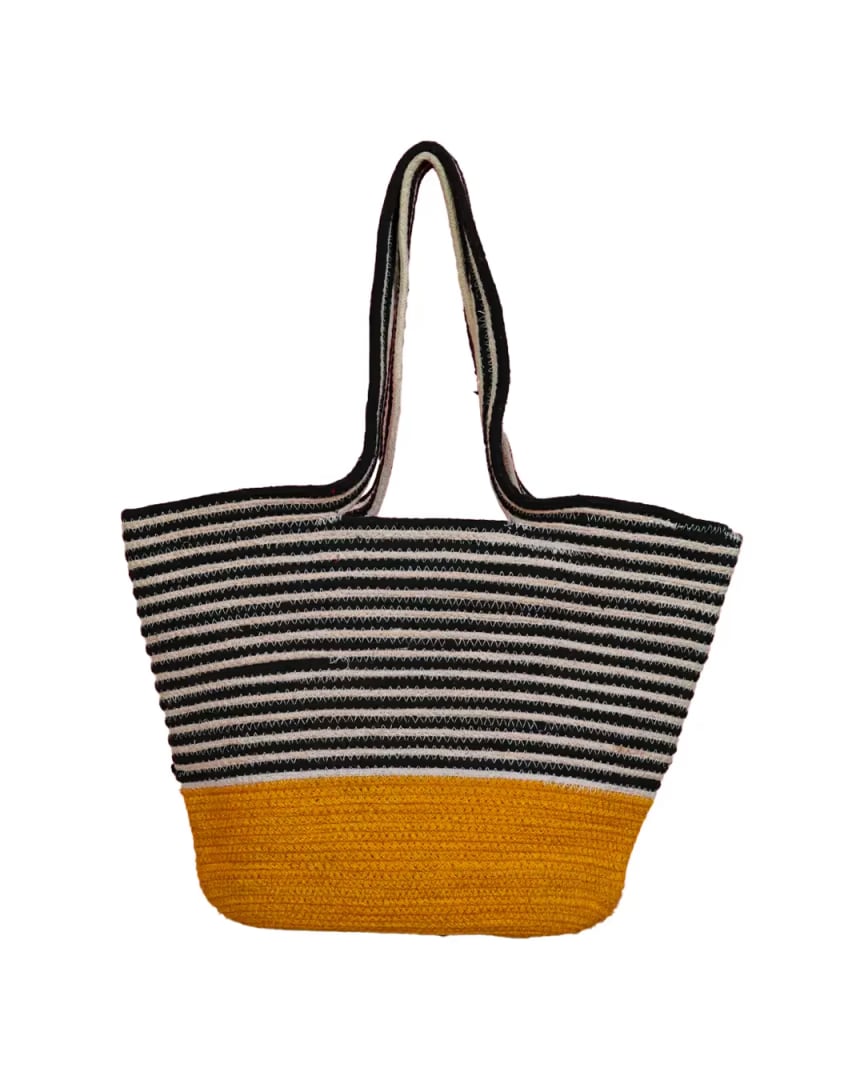 Handcrafted Jute Tote Bag with Black and White Stripe with Mustard Base