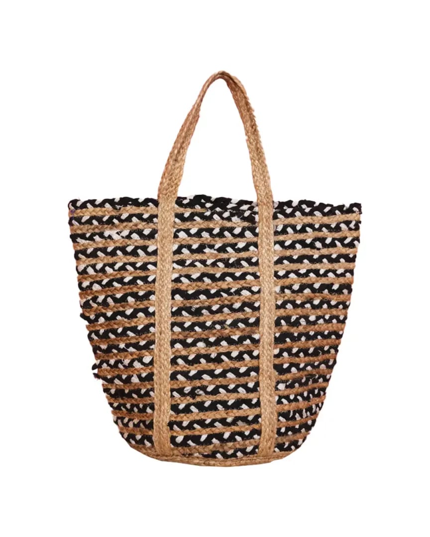 Handwoven Jute Tote Bag with Black Natural Stripe Design
