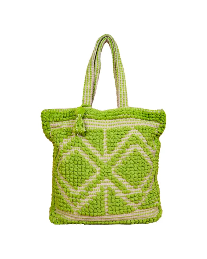 Handcrafted Cotton Jute Tote Bag Green Textured Floral Design
