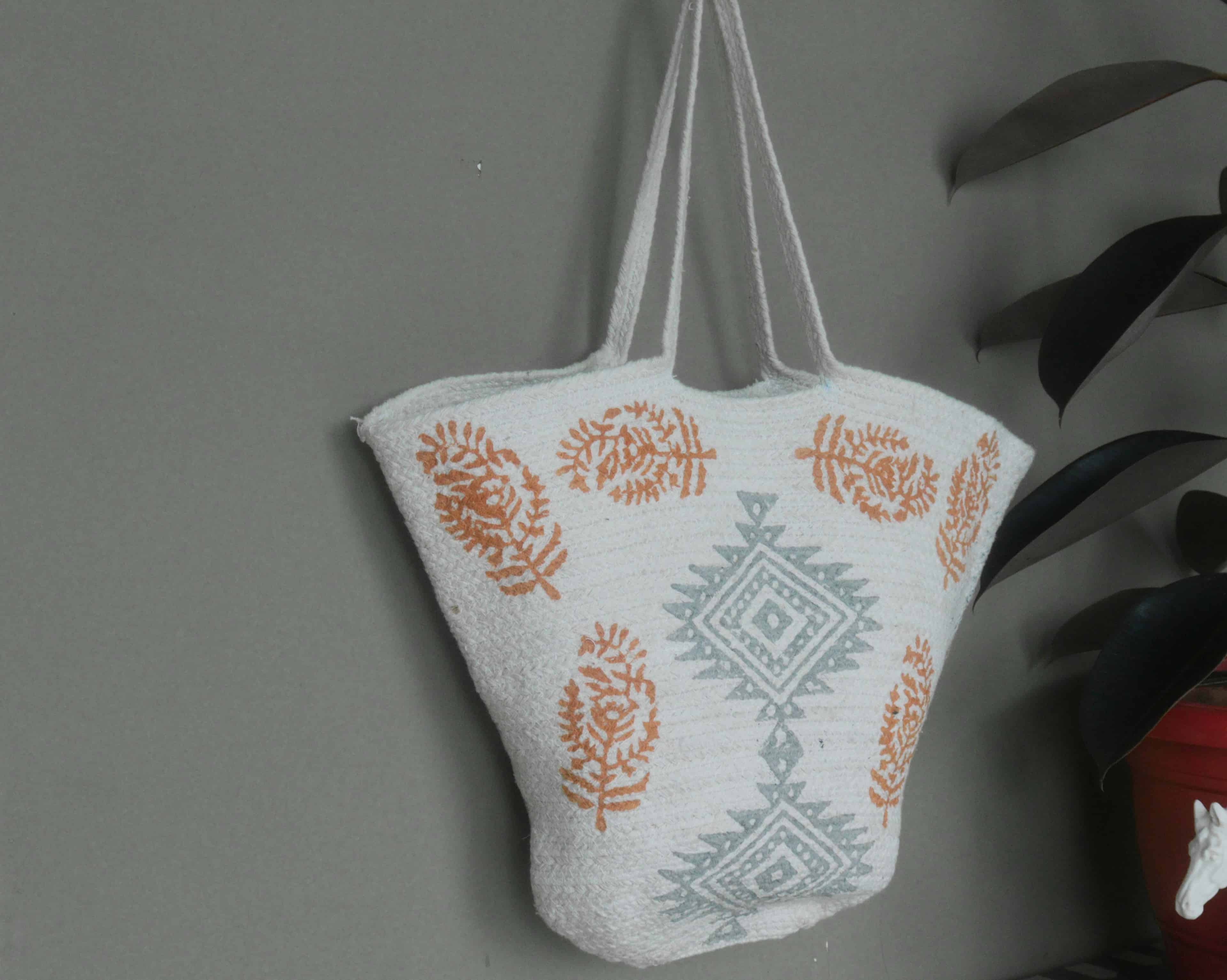 Handwoven Block Printed Grey and Orange Bags - Image 3