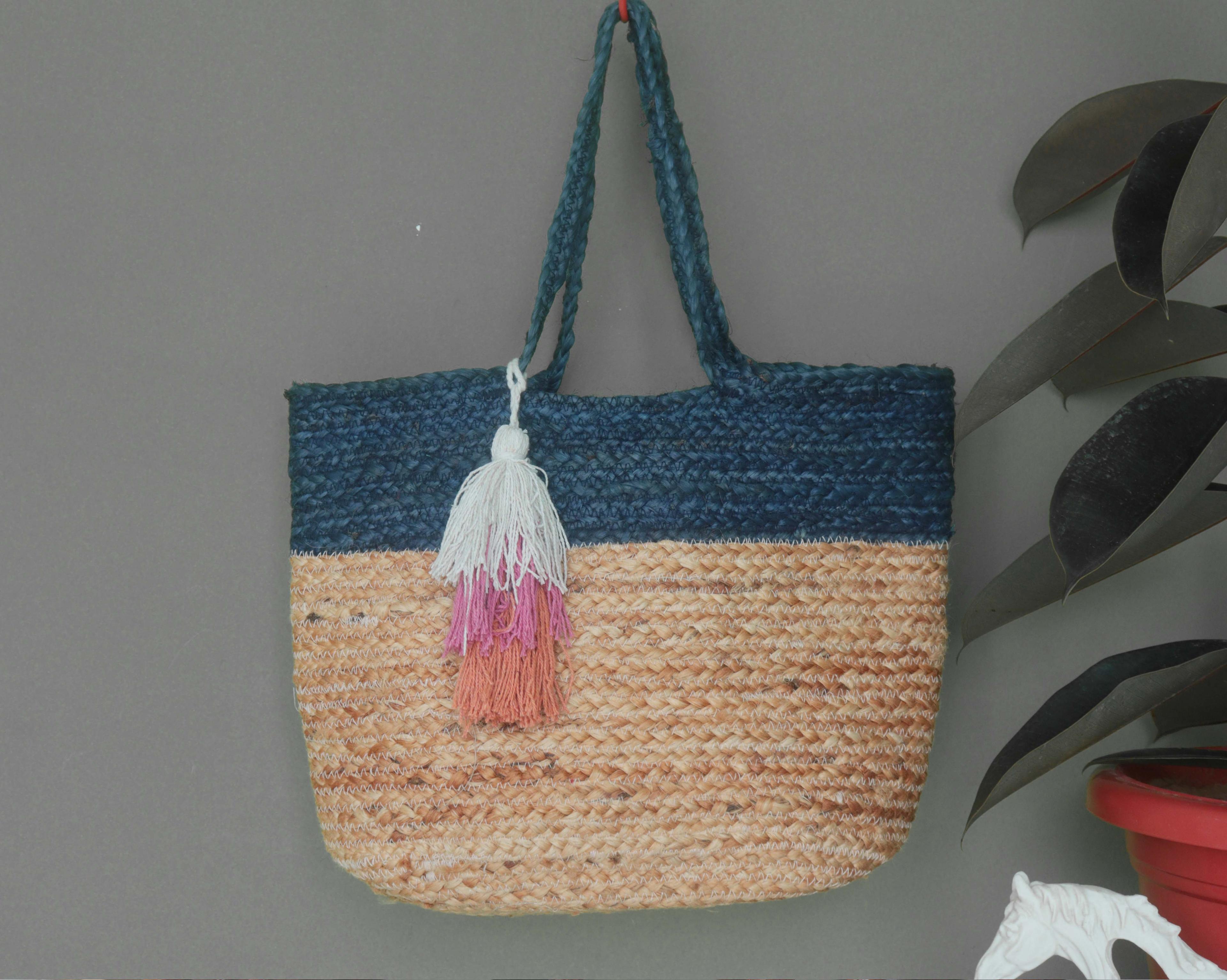 Natural Jute Hand Braided Beige and Blue Bag