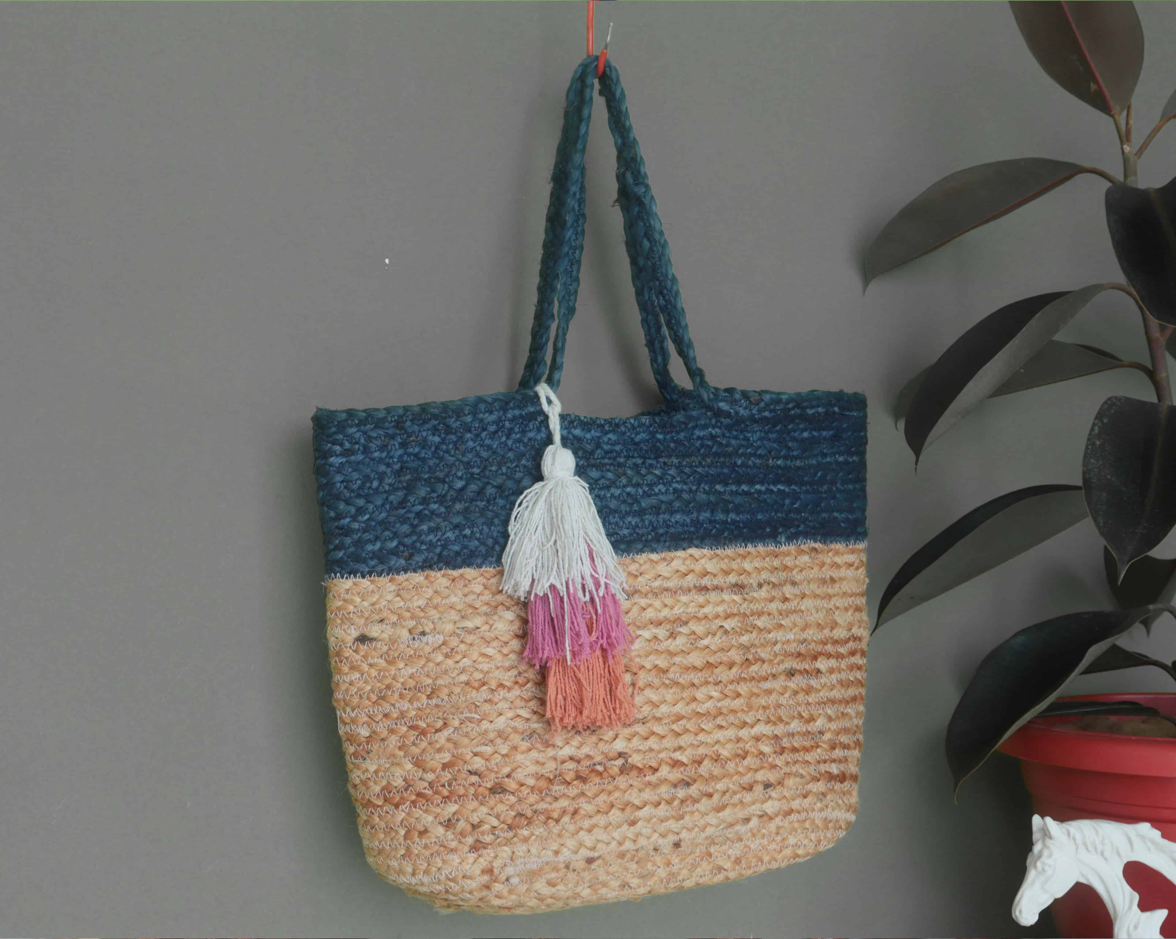 Natural Jute Hand Braided Beige and Blue Bag - Image 2