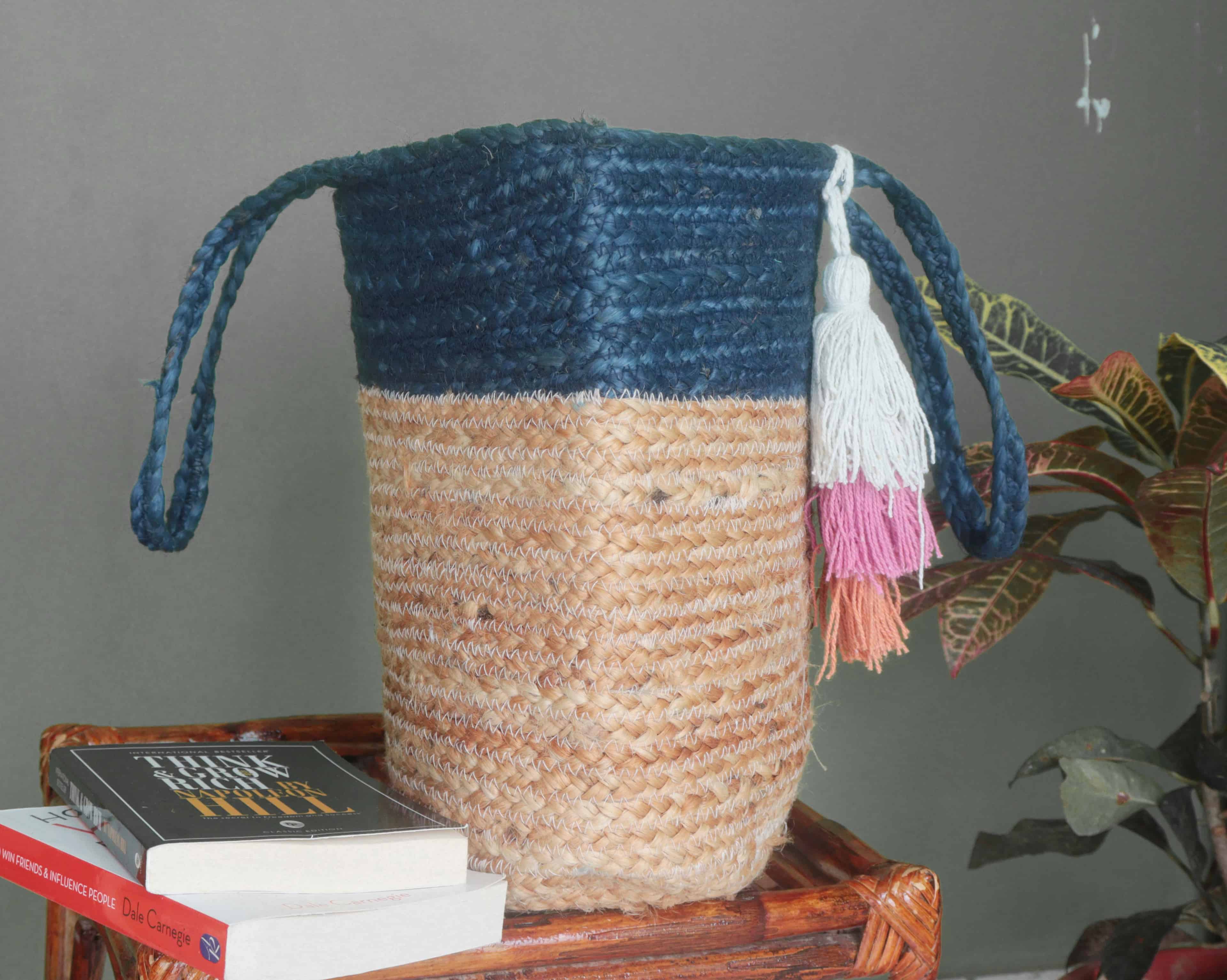 Natural Jute Hand Braided Beige and Blue Bag - Image 4