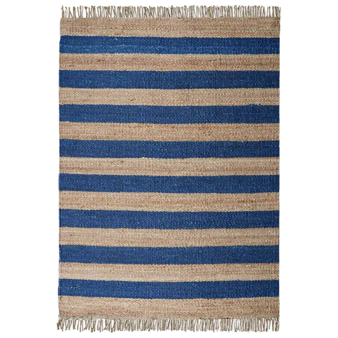 Beige and Blue Handmade Hemp Jute Rug - Image 1
