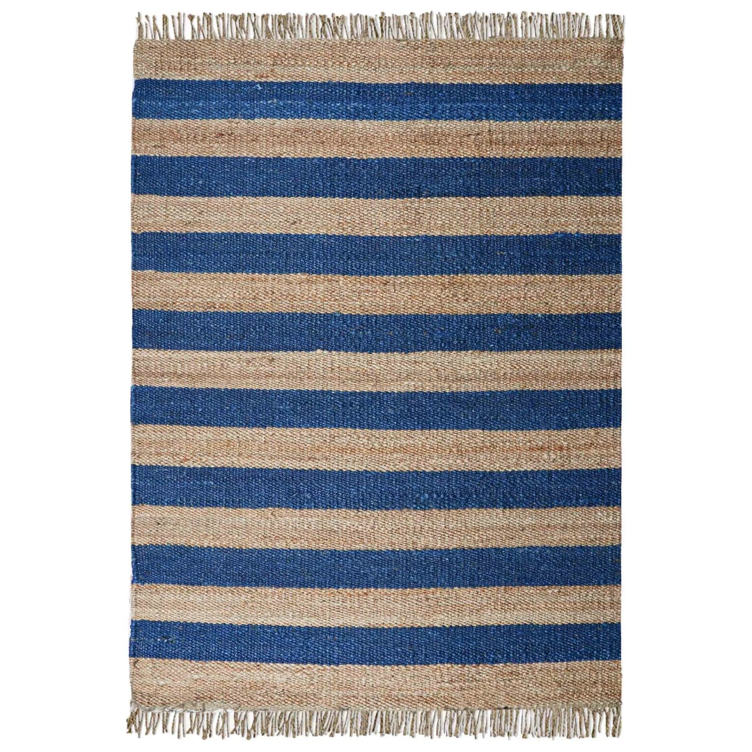 Beige and Blue Handmade Hemp Jute Rug