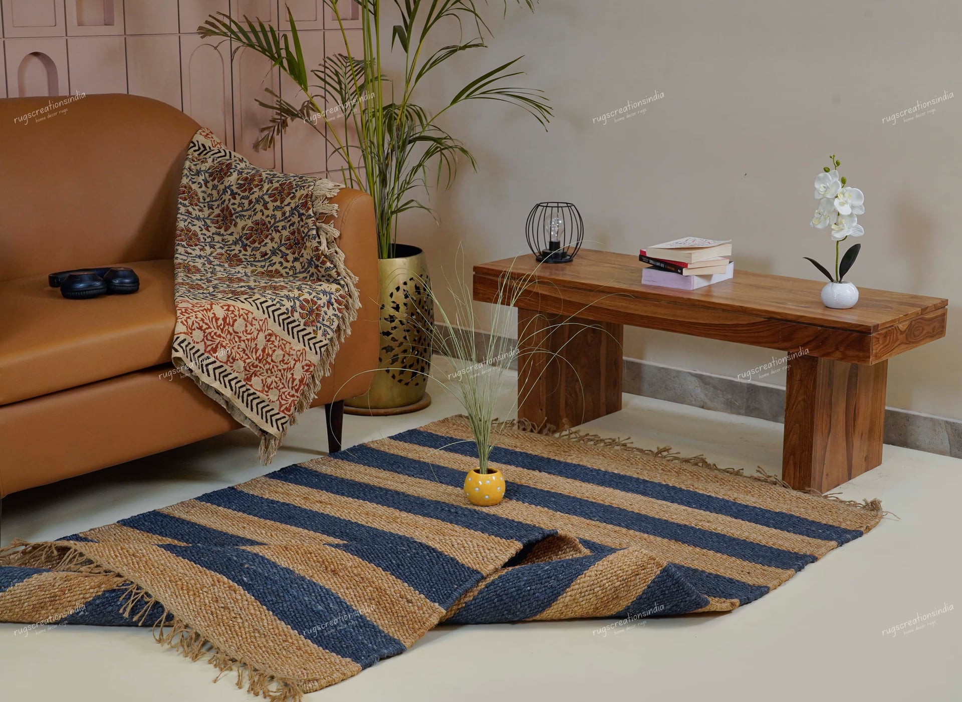 Beige and Blue Handmade Hemp Jute Rug