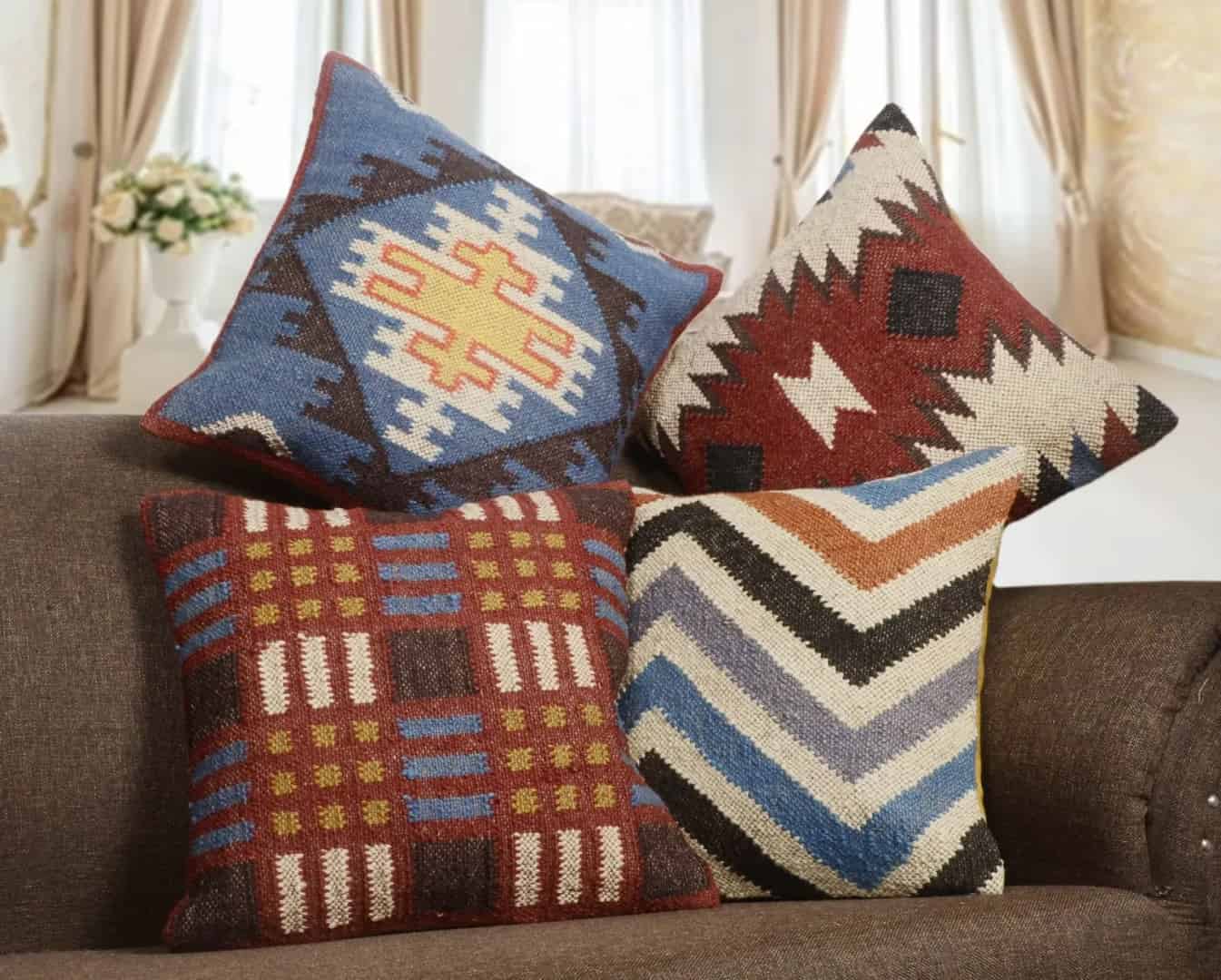 Handwoven Multicolor Bohemian Wool Jute Kilim Pillowcases - Image 2