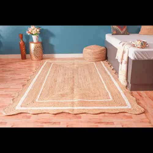 Hand Braided Scalloped Natural Jute Rug with Double Line White Border - Image 8