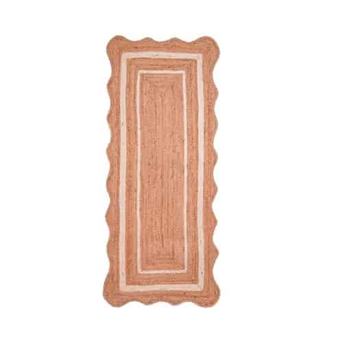 Hand Braided Beige Scalloped Runner Jute Rug With Double Line White Border - Image 1