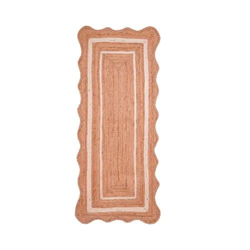 Hand Braided Beige Scalloped Runner Jute Rug With Double Line White Border