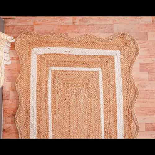 Hand Braided Beige Scalloped Runner Jute Rug With Double Line White Border - Image 4