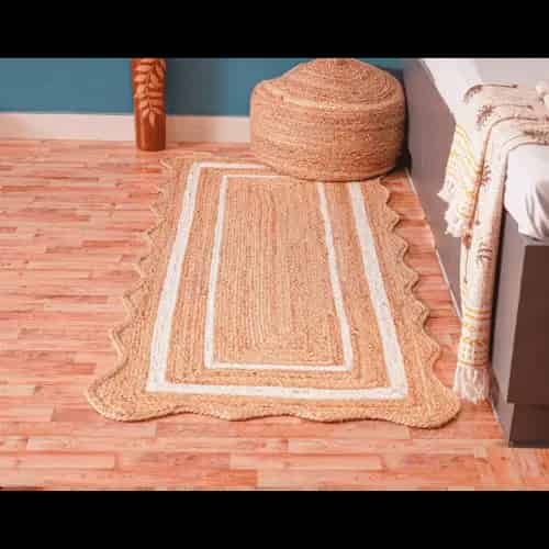 Hand Braided Beige Scalloped Runner Jute Rug With Double Line White Border - Image 2