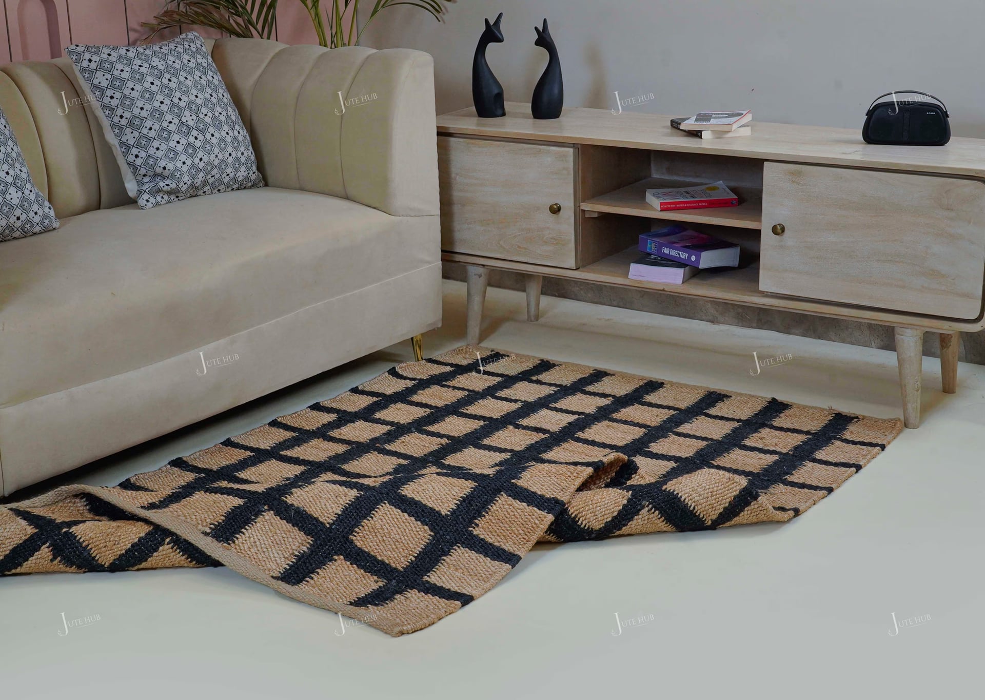 Beige and Black Box Design Jute Hemp Rug