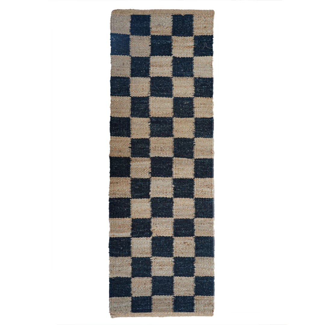 Checkered Handwoven Beige and Black Jute Hemp Runner Rug