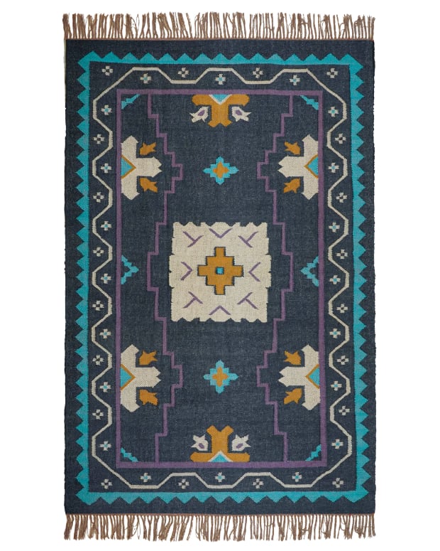 Indian Handwoven Bohemian Wool Jute Kilim Rug with Fringes Jute Rug Wool and Jute Rug Handmade Kilim Dhurrie Rug Traditional Indian jute Area rug