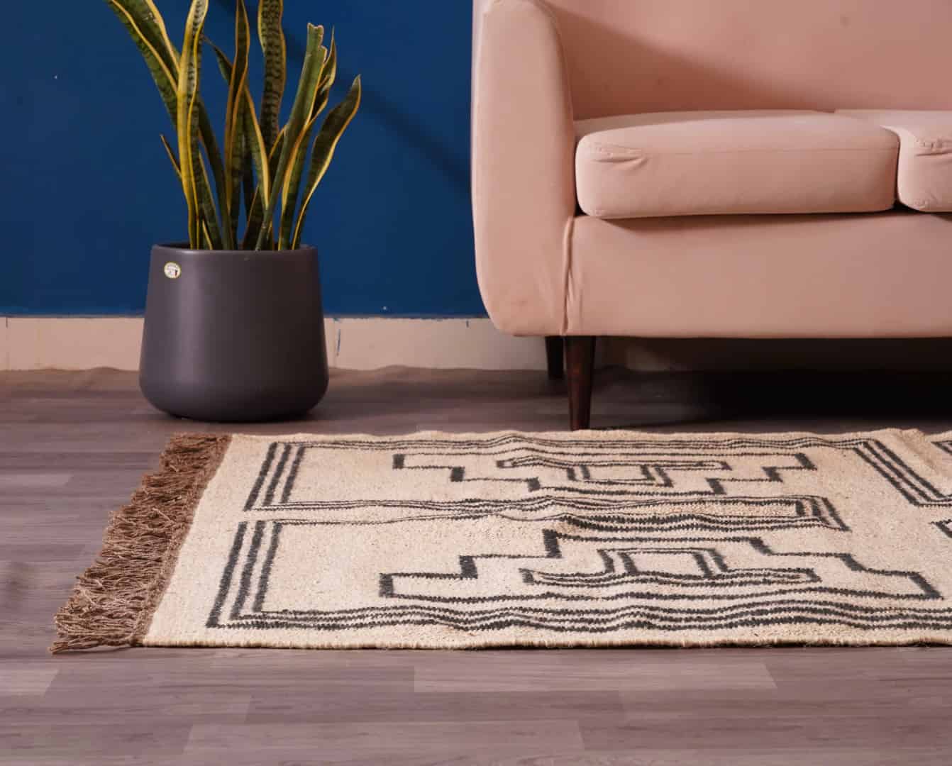 Indian Handwoven Vintage Kilim Off White with Black Wool Jute Kilim Rug and Runner Large Area Rug Traditional Kilim Dhurrie Living Room - Image 3