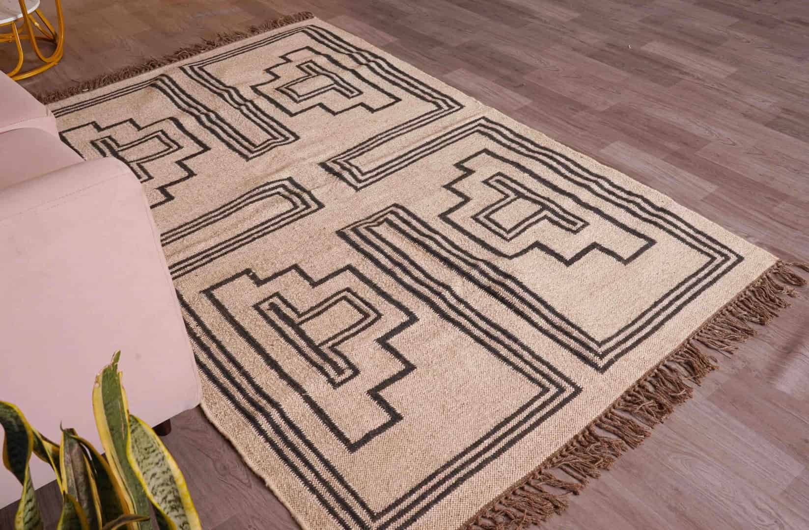 Indian Handwoven Vintage Kilim Off White with Black Wool Jute Kilim Rug and Runner Large Area Rug Traditional Kilim Dhurrie Living Room - Image 6