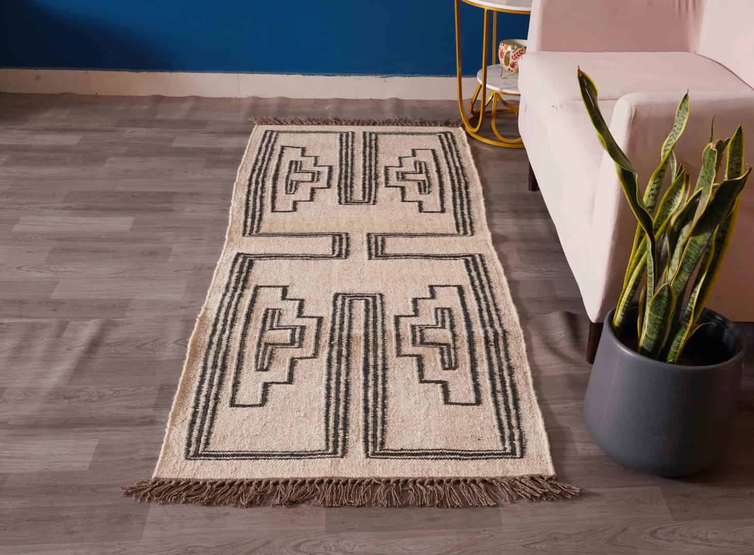 Indian Handwoven Vintage Kilim Off White with Black Wool Jute Kilim Rug and Runner Large Area Rug Traditional Kilim Dhurrie Living Room - Image 9