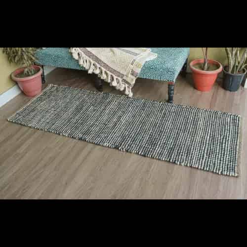 Indian Hand Loomed White and Blue Jute Hemp Runner Rug Handwoven Yoga Hemp Vintage Area Rug Doormat Hemp Runner Rug - Image 2