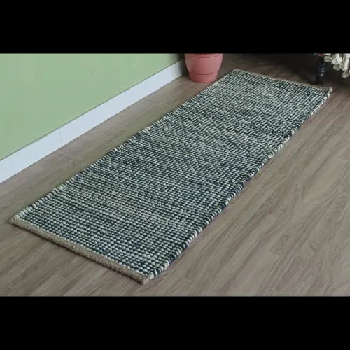 Indian Hand Loomed White and Blue Jute Hemp Runner Rug Handwoven Yoga Hemp Vintage Area Rug Doormat Hemp Runner Rug