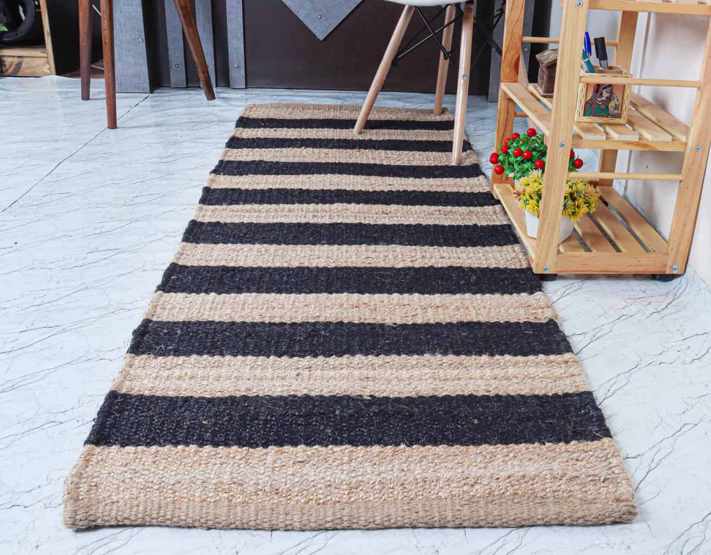 Home and Living Room Decor Hand Loomed Natural Jute Hemp Runner Rug with Black Stripes Line Decor Rug For Living Room - Image 1