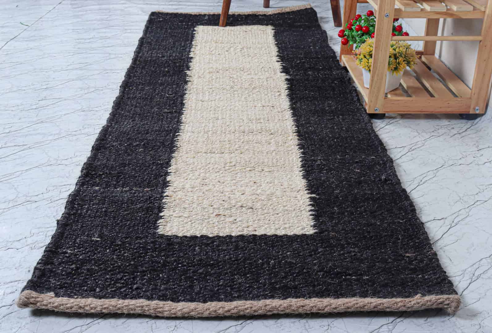 Off White With Black Border Hemp Runner Jute Rug Indian Handwoven Large Area Jute Hemp Runner Rug Stair Decor Hemp Jute Dhurrie - Image 1