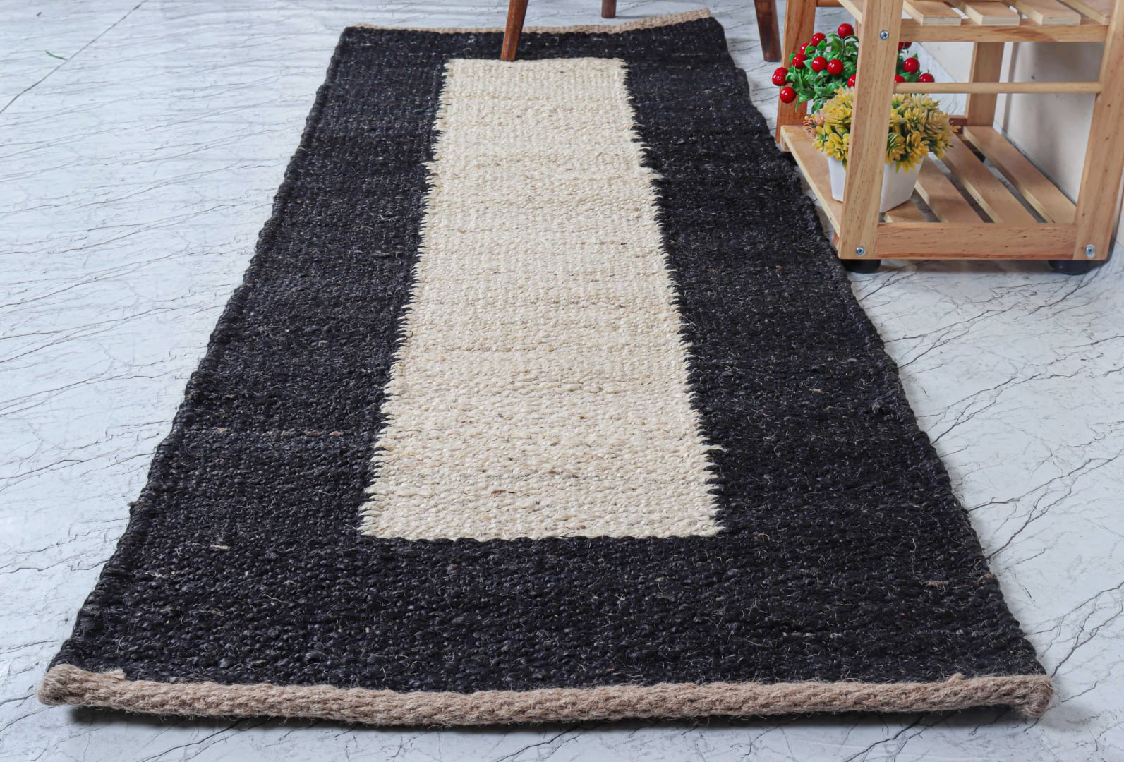 Off White With Black Border Hemp Runner Jute Rug Indian Handwoven Large Area Jute Hemp Runner Rug Stair Decor Hemp Jute Dhurrie