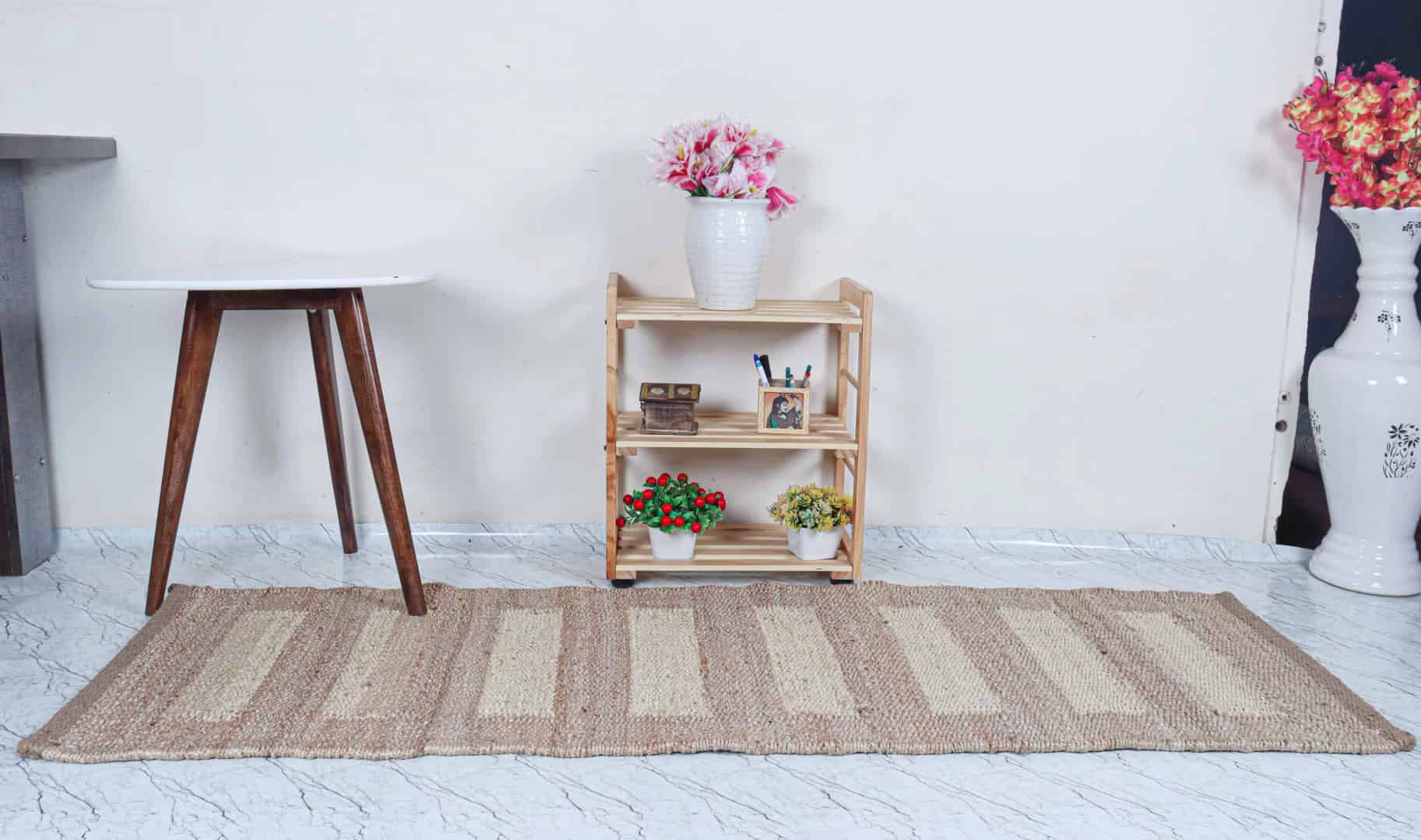 Traditional Indian Hand Woven Beige with White Stripes Large Area Jute Hemp Runner Rug Large Area Runner Hemp Jute Rug - Image 2