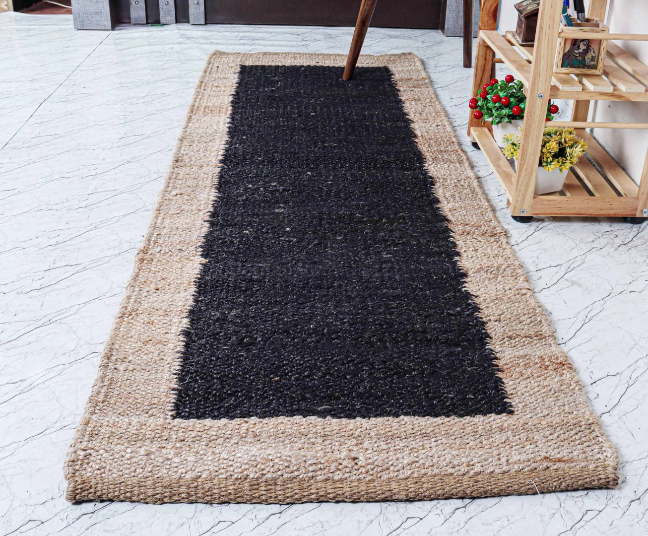 Indian Handwoven Custom Size Bohemian Black with Beige Border Decorative Jute Hemp Runner Rug For Living Room Decor Rug