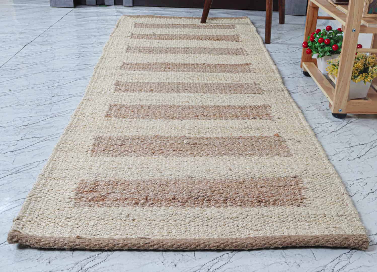 Off White Hemp Runner with Beige Stripes Line Design Hand Woven Large Area Jute Hemp Runner Rug Vintage Hemp Jute Large Dhurrie - Image 1